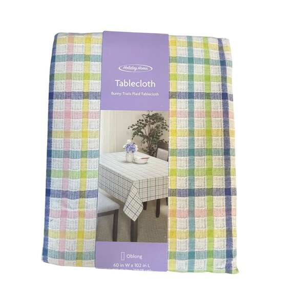 HOLIDAY HOME Spring Easter Cotton  Bunny Trails Plaid Tablecloth 60” X 102" - Picture 11 of 11